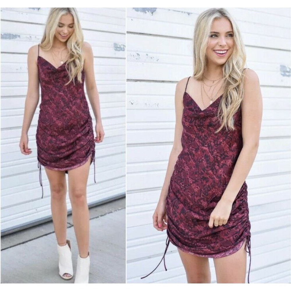 New FREE PEOPLE Medium Slip Dress Convertible Cowl Day to Night Burgundy Print M